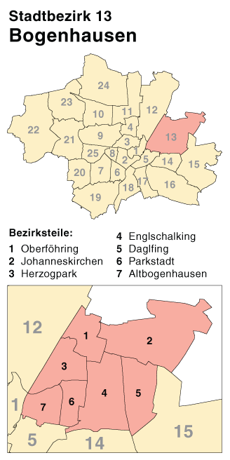 Karte Bogenhausen mit Oberföhring Herzogpark, Daglfing, Englschalking usw.
